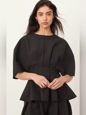 Arrange 8 Pleat Waist Short Sleeve Top Black Ruched Corset Sculptural NWT $95